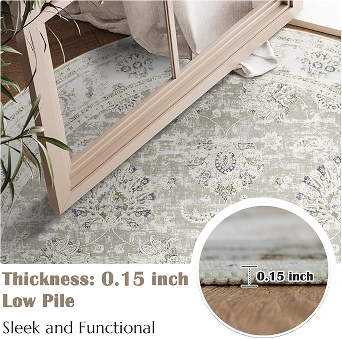 jinchan Fiora Round Rug 6ft Area Rugs Vintage Floral Distressed Design - Machine Washable Non-Slip Low-Pile Ultra-Thin Circle Rug for Entryway Bedside Living Room Dining Room Bedroom (6' Round, Taupe)