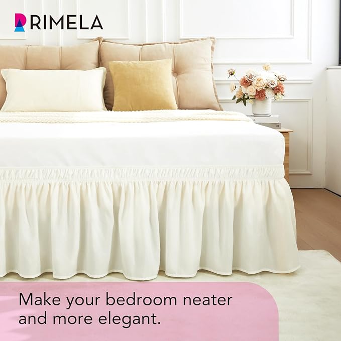 RIMELA Cream Bed Skirt Wrap Around Elastic Dust Ruffles Solid Color Wrinkle and Fade Resistant with Adjustable Elastic Belt Easy to Install for Queen Size 21 Inch Drop