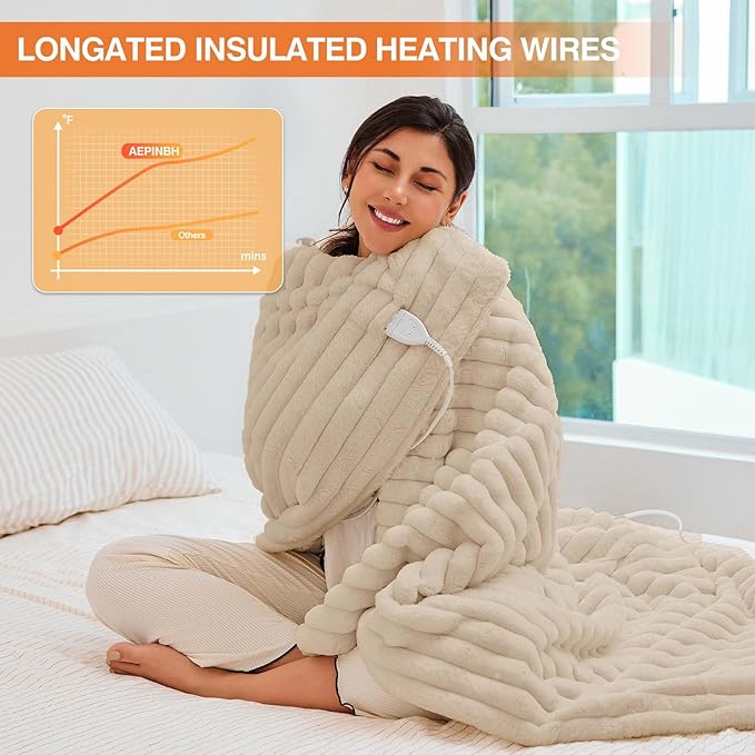 Electric Blanket, Soft Stripe Heated Blanket with 6 Heating Levels & 10 Hours Auto Shut Off, Fast Heating Warm Blanket, Machine Washable, Khaki, 84 x 90 Inch