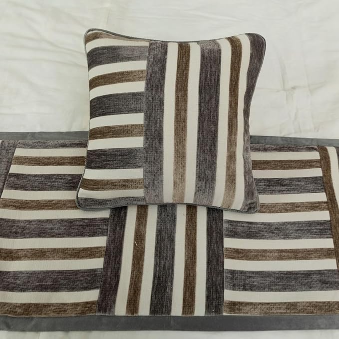 The HomeCentric King/Queen/Twin Beige & Grey Decorative CA King 86"x18" Bed Runner Without Pillow Cover, Patchwork Bed Scarf on Velvet Fabric - Striation