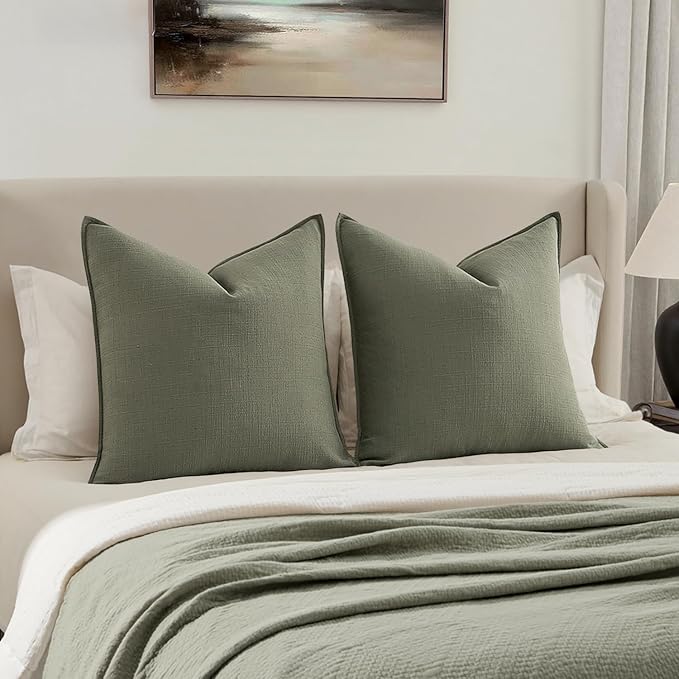 MIULEE Decorative Euro Sham Pillow Covers 24x24, 2 Pack Large Boho Farmhouse Neutral Throw Pillows for Bed, Thick Textured Modern Linen Cushion Cases Couch Sofa Living Room Home Decor, Olive Green