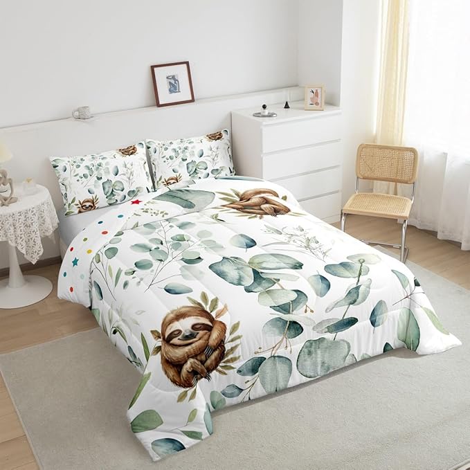 Erosebridal Girls Kawaii Animal Bedding Toddler Size Cute Sloth Comforter Set, Cartoon Wildlife Duvet Insert Green Leaf Quilt Comforter, Spring Plant Bedding Comforters & Sets Child Kids Bedroom Decor