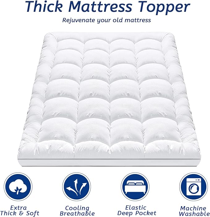 King Size Mattress Topper for Back Pain, Cooling Extra Thick Mattress Pad Cover with 8-21 inch Deep Pocket, Plush Pillow Top Mattress Topper Overfilled with Down Alternative, King Size, White