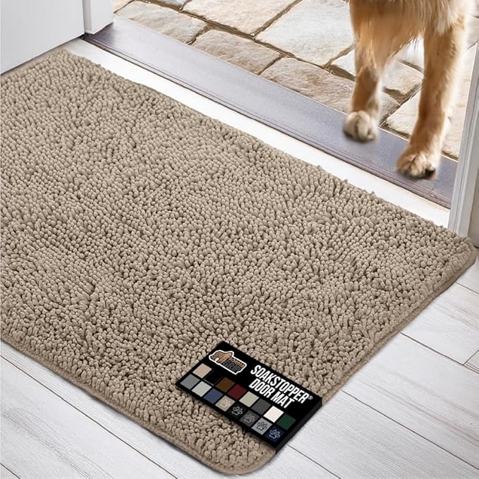 GORILLA GRIP SOAKSTOPPER Dog Door Mat, 60x36 Machine Washable Rug Absorbent Doormat Captures Moisture Mud Dirt, Quick Dry Soft Chenille Entryway Rugs Indoor Entrance Mats for Dog Paws, Beige