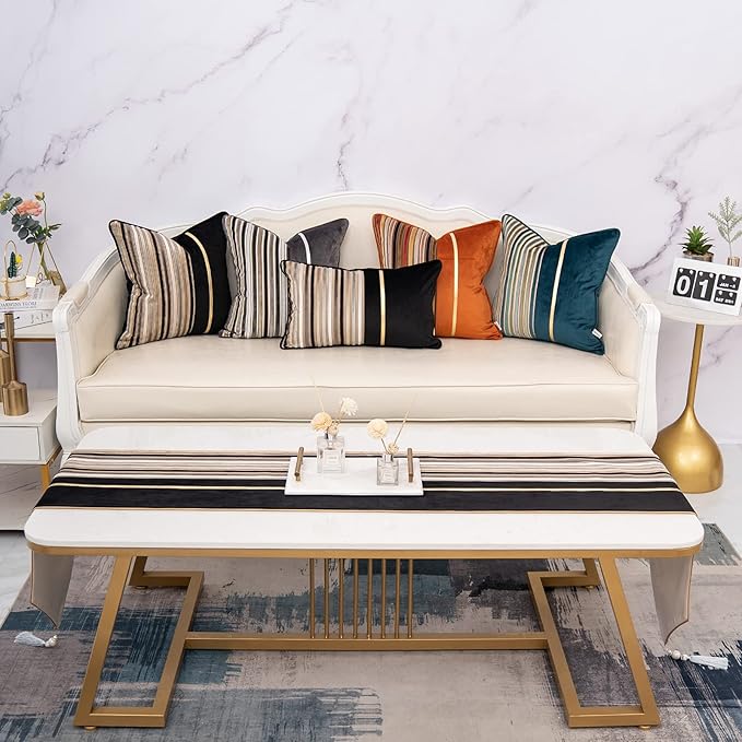 Yangest Black Striped Patchwork Throw Pillow Cover Gold Leather Cushion Cover Zippered Rectangular Pillowcase for Sofa Couch Bedroom Living Room Home Decoration, 12x20 Inch