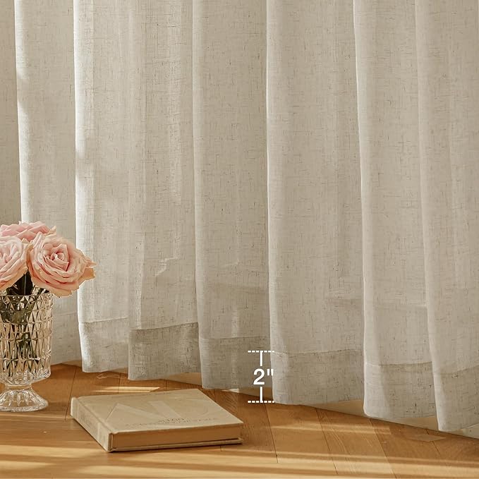 Anmao Natural Linen Curtains for Living Room 63 Inch Length 2 Panels Set, Light Filtering Semi Sheer Window Curtain Drapes for Bedroom with Curtain Rings and Clips, 52 Inch Wide Each Panel, Linen