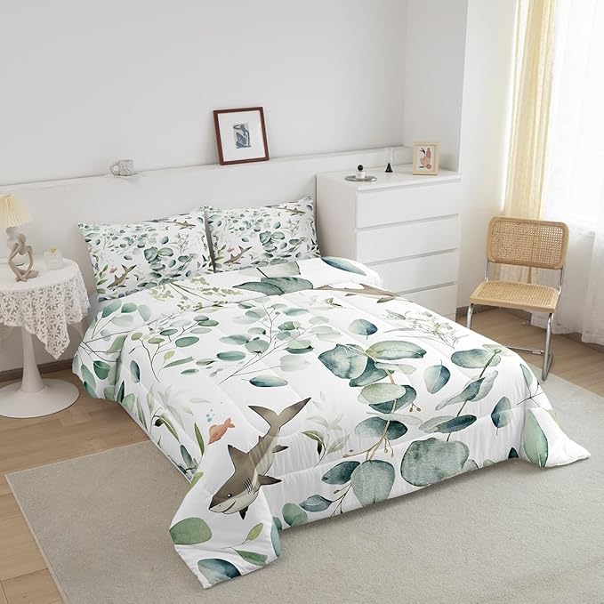 Erosebridal Girls Kawaii Animal Full Comforter Set Cute Shark Bedding Set Full, Cartoon Wildlife Bedding Comforter Sets Green Leaf Duvet Set, Spring Plant Quilted Comforter Child Kids Bedroom Decor