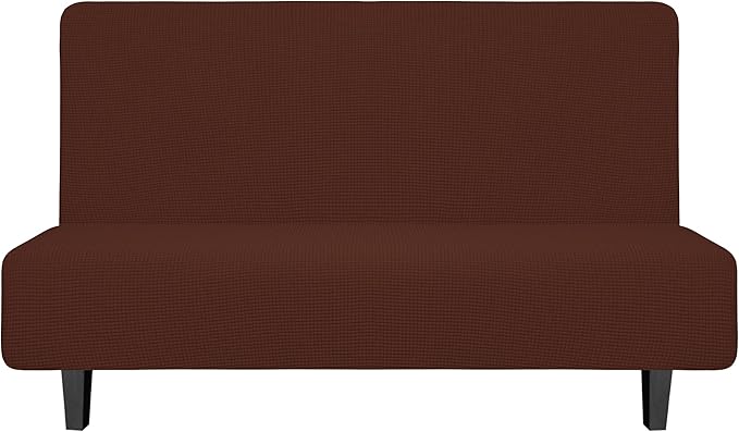 Easy-Going Stretch Futon Sofa Slipcover Armless Sofa Bed Cover Furniture Protector Without Armrests with Elastic Bottom for Kids,Soft Jacquard Small Checks（Medium Futon,Coffee