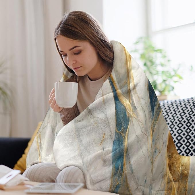 Abstract Marble Blanket, Modern Luxury Baroque Golden Blue White Stone Veins Pattern Soft Warm Cozy Plush Flannel Covers for Livingroom Bedroom Couch Chair Camping Travel Home Decor Tapestry 30x40in