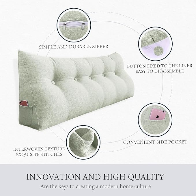 Wedge Headboard Pillow Dorm Room Reading Pillow Back Support for Sitting Up in Bed Bolster Lumbar Cushion Body Positioning Bedrest Cotton Linen 59in Grey-Beige Queen