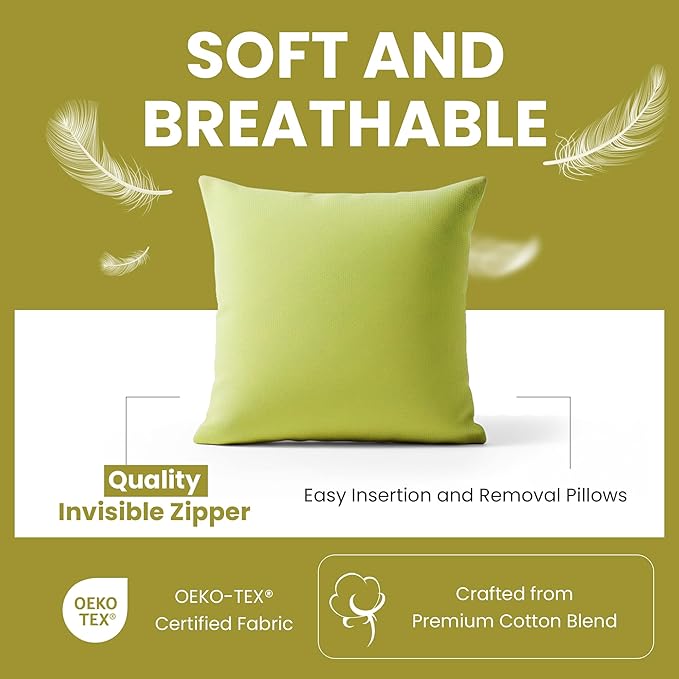 Haven & Glow Decorative Throw Pillow Cover – Square Cushion Case with Zipper | Modern Sofa, Couch & Bed Accent Pillow Covers for Living Room, Bedroom & Home Decor | 24 x 24 Inch – Green – Pack of 2