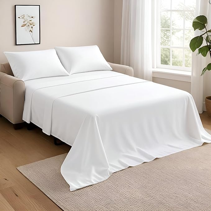 NON Sticky cotton Queen Size Sleeper Sofa Sheets, 4 Piece Egyptian Cotton Bed Sheet Set for Sofa Bed, 10" Deep Pocket for Pull Out Couch Mattress, 60" x 75", White Solid, Soft & Breathable