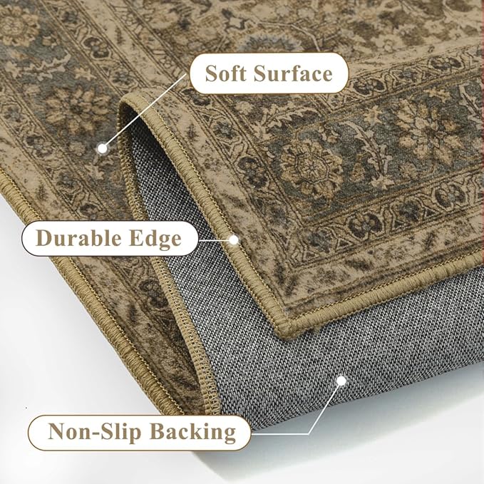 Brown 2x3 Area Rug Washable Vintage Small Carpet for Entryway Kitchen Soft Retro Floral Low Pile Thin Door Mat Non Slip Traditional Distressed Rug for Bathroom Office Bedroom Dining Room