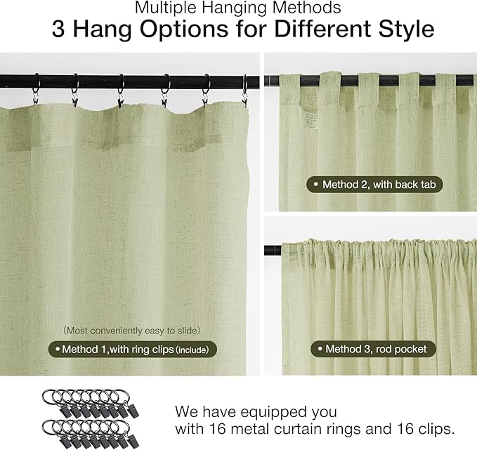 Anmao Natural Linen Curtains for Living Room 54 Inch Length 2 Panels Set, Light Filtering Semi Sheer Window Curtain Drapes for Bedroom with Curtain Rings and Clips, 52Wx54L, Sage Green
