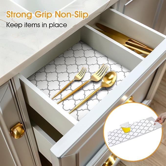 Shelf and Drawer Liner for Kitchen Cabinets Non-Adhesive, Strong Grip Non-Slip Thickened Cabinet Liners for Shelves, Waterproof Mats for Dresser Cupboard, White/Gray, 17 in x 10 Feet