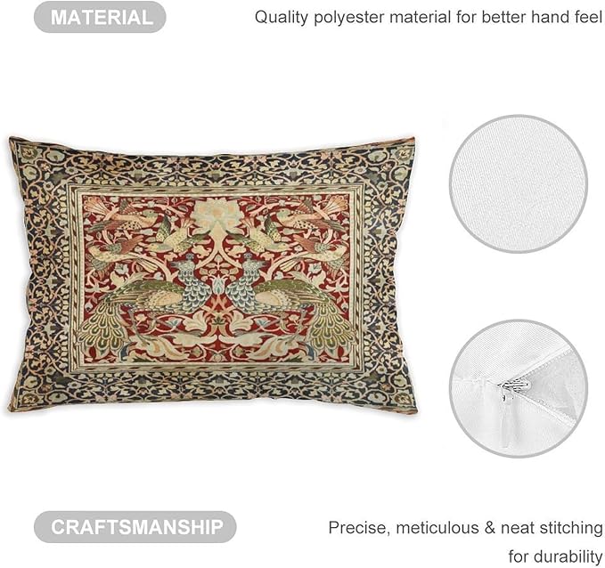 Vintage Peacock Floral William Morris Throw Pillow Covers 12x20 Inch Aesthetic Pillow Velvet Decorative Pillowcase Home Decor Living Room Cushion Case for Bed Sofa Couch
