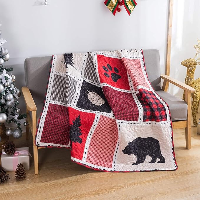 Soul & Lane Into The Woods 50" x 60" Farmhouse Throw Blanket: Bear Cabin Comforter, Plaid Quilt Blanket, Country Lap Quilted Throw, Buffalo Check Bear Coverlet, Christmas Buffalo Check Bedding