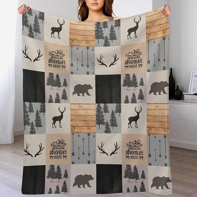 Rustic Cabin Throw Blanket, Retro Camping Bear Deer Farmhouse Wildlife Tree Forest Brown Gray Print Warm Flannel Blanket for Bedroom Camping Travel, 60"x80"