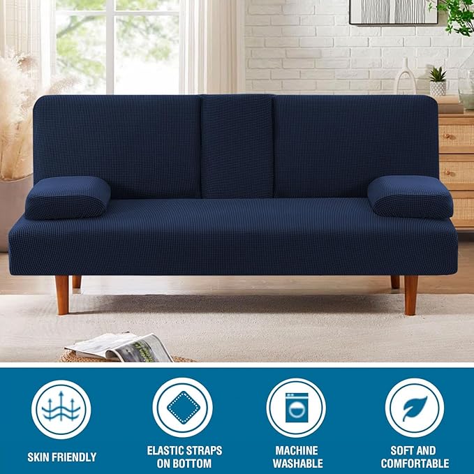 H.VERSAILTEX 4 Pieces Stretch Futon Covers Sofa Bed Slipcover with Removable Armrests and Cupholders Covers Furniture Protector High Spandex Small Checks Jacquard Fabric, Navy