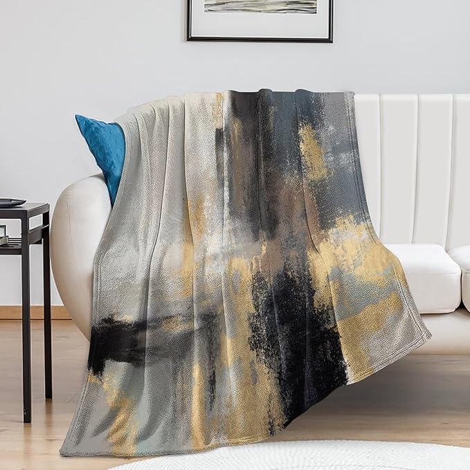 Fashion Gradient Blanket, Modern Abstract Baroque Glod Grey Painting Strokes Pattern Soft Warm Cozy Plush Flannel Covers for Livingroom Bedroom Couch Chair Camping Travel Home Decor Tapestry 30x40in