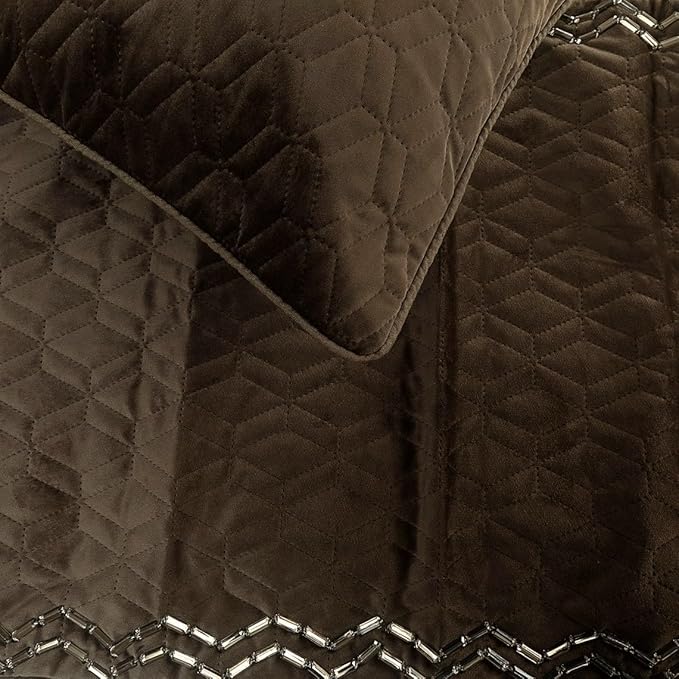 The HomeCentric King Queen Twin Brown Designer Full 68"x18" Bed Runner with Pillow Cover, Quilted & Crystals Bed Scarf on Velvet Fabric - Brown Diamond Symphony