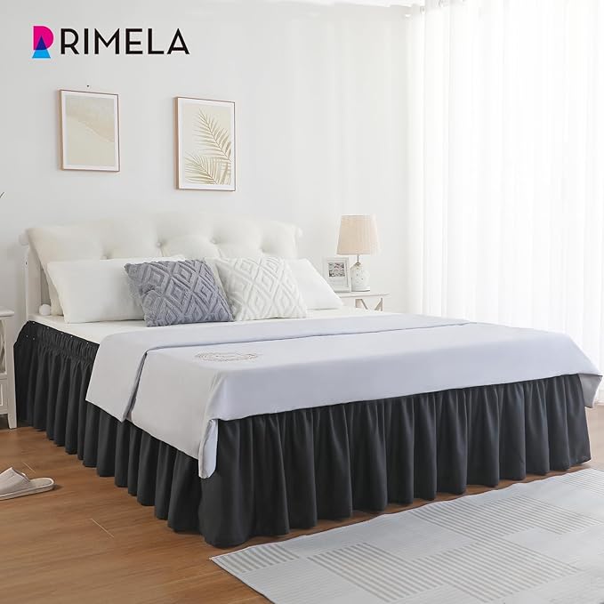RIMELA Black Bed Skirt Queen Size 15 Inch Drop, Elastic Bed Skirting for Bed Base and Frame, Bedding Dust Ruffle Easy to Install, Lightweight Wrap Around Adjustable Bedskirt