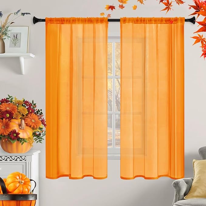 Sheer Curtains 63 Inches Long 2 Panels, Rod Pocket Short Curtain for Kitchen, Bedroom, Cafe Window(Orange 38" W x 63" L)