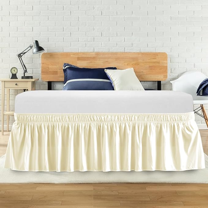 Full Bed Skirt, Elastic Wrap Around Bed Skirt Full Size, Bed Skirts for Adjustable Bed, Easy Fit with 14" Drop Length Tailored Drop Dust Ruffle (Light Yellow)
