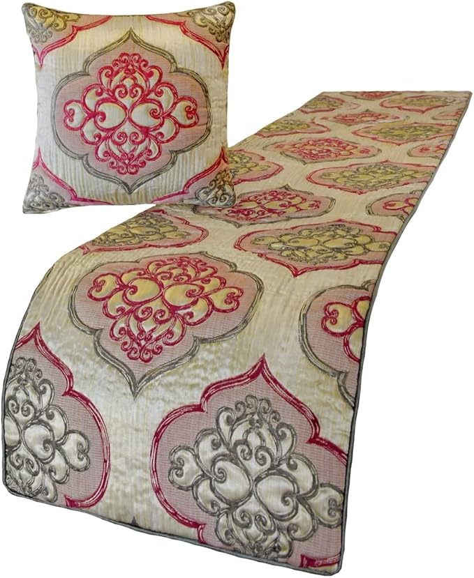 The HomeCentric King/Queen/Twin Pink Decorative CA King 86"x18" Bed Runner Without Pillow Cover, Quilted & Damask Bed Scarf on Silk Fabric - Emre