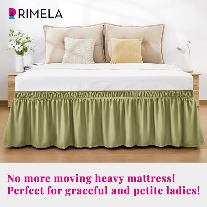 RIMELA Sage Green Bed Skirt King Size 15 Inch Drop, Elastic Bed Skirting for Bed Base and Frame, Bedding Dust Ruffle Easy to Install, Wrap Around Adjustable Bedskirt
