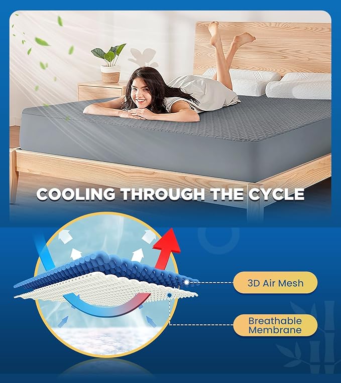 Premium 100% Waterproof Twin XL Mattress Protector, Breathable Cooling 3D Air Fabric Mattress Cover, Hypoallergenic Noiseless Bed Cover Vinyl Free, 8-21'' Deep Pocket (Gray)
