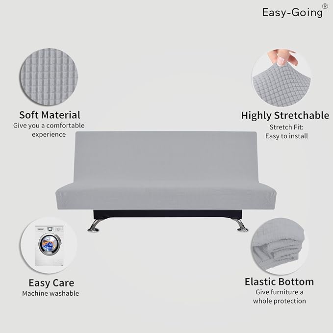 Easy-Going Stretch Futon Slipcover Armless Futon Bed Cover Furniture Protector Without Armrests with Elastic Bottom for Kids, Soft Jacquard Fabric Small Checks (Large, Silver Gray)