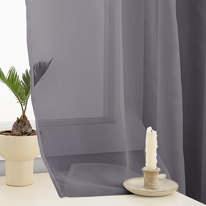 Sheer Curtains 63 Inches Long 2 Panels, Rod Pocket Short Curtain for Kitchen, Bedroom, Cafe Window(Grey 38" W x 63" L)