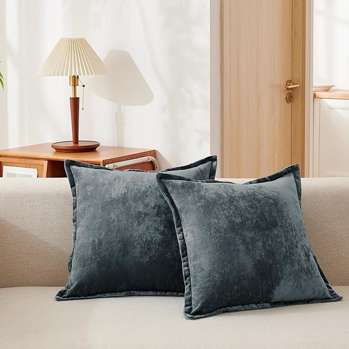 Luxurious Velvet Euro Shams Decorative Throw Pillow Covers 26x26 Set of 2 Solid Square Euro Pillow Shams for Sofa Couch Bedroom, Blue Gray