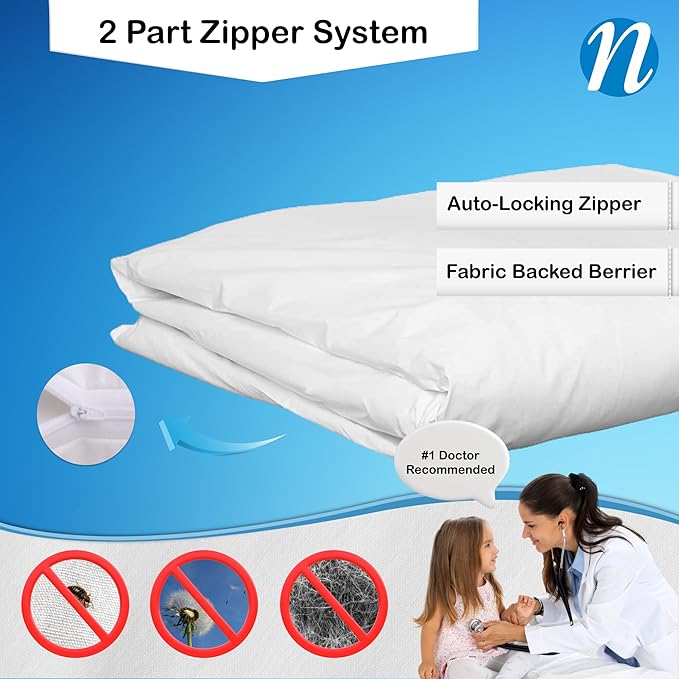 National Allergy Premium 100% Cotton Duvet Comforter Protector - Jumbo Queen Size - 96" x 92" - White - Breathable 300 Thread Count Hypoallergenic Cover - Zippered Encasement - Bedding Linen