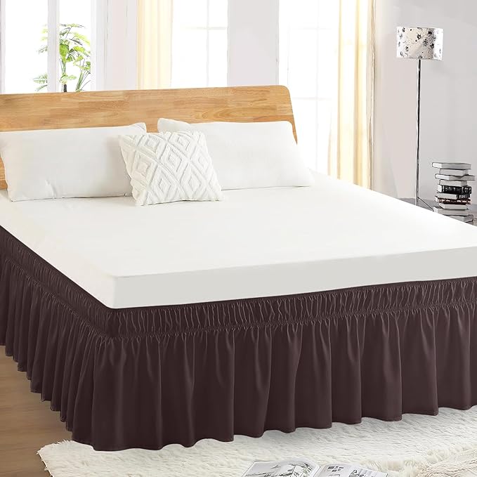 Queen Bed Skirt, Elastic Wrap Around Bed Skirt Queen Size, Bed Skirts for Adjustable Bed, Easy Fit with 14" Drop Length Tailored Drop Dust Ruffle (Brwon)