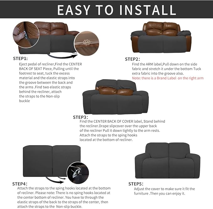 Easy-Going 6 Pieces Recliner Loveseat Stretch Sofa Slipcover Sofa Cover Furniture Protector Couch Soft with Elastic Bottom Kids, Spandex Jacquard Fabric Small Checks Dark Gray
