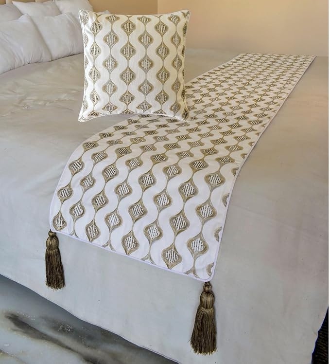 The HomeCentric King/Queen/Twin Beige Decorative Bed Runner Queen 74"x18" Bed Runner Without Pillow Cover, Embroidery, Geometric, Beaded Hand Embroidery Bed Scarf on Linen Fabric - Mahsa