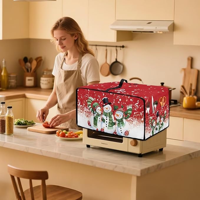 Christmas Convection Toaster Oven Cover with Pockets, Holiday Decor Smart Microwave Baking Oven Dust Cover for Countertop, L, 18.5 x 22.5 x 13 Inches, Snowman Musical Note Red