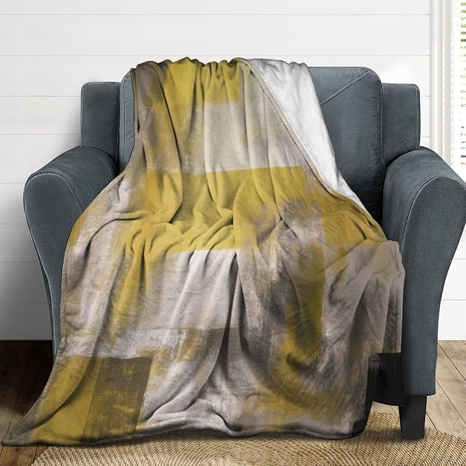 Abstract Gradient Blanket, Modern Fashion Art Yellow Grey Painting Strokes Pattern Soft Warm Cozy Plush Flannel Covers for Livingroom Bedroom Couch Chair Camping Travel Home Decor Tapestry 50x60in