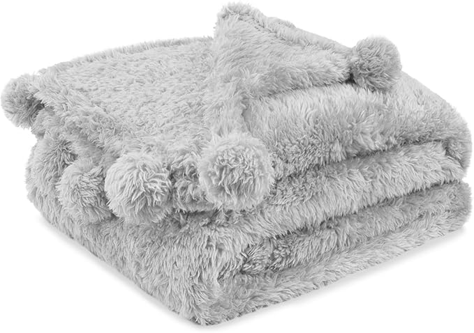 Pavilia Light Grey Sherpa Throw Blanket for Couch, Warm Plush Fuzzy Blanket Throw, Gray Sofa Throw, Lightweight Soft Cozy Fluffy Blanket with Pom Poms, Light Gray, 50x60
