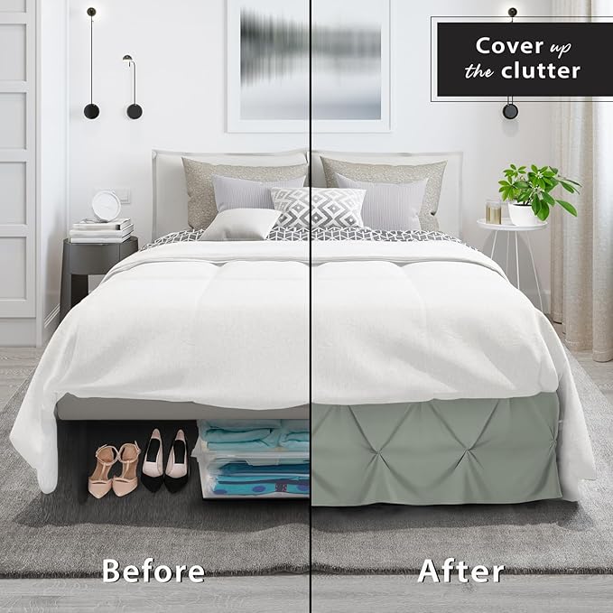 Nestl Sage Green Bed Skirt Cal King Size, Pinch Pleat Cal King Bed Skirt, 14" Inch Drop Cal King Bedskirt, Hotel Quality Bed Skirts, Microfiber Bedskirt for Cal King Bed, Sage Green Cal King Bed Skirt