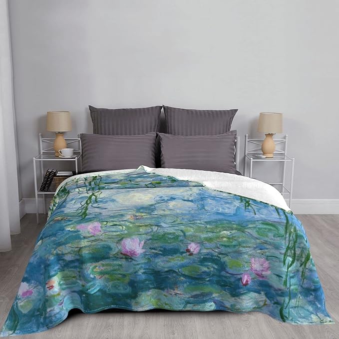 Monet Water Lilies Soft Blanket All Season Fuzzy Throw Warm Lightweight Blanket Flannel Blankets Fleece Throws for Bed Sofa Couch Travel Home Living Room Decor 80"x60"