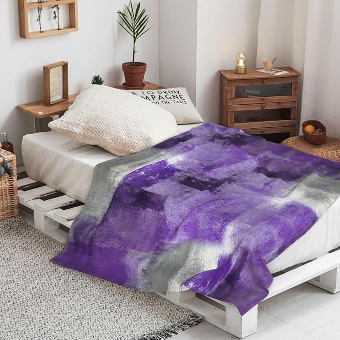 LOKMU Throw Blanket, Purple and Grey White Abstract Art Ultra-Soft Cozy Flannel Blankets, Fuzzy Plush Lightweight Modern Blanket for Couch Sofa Bedding Home Decor, 80" L x 60" W