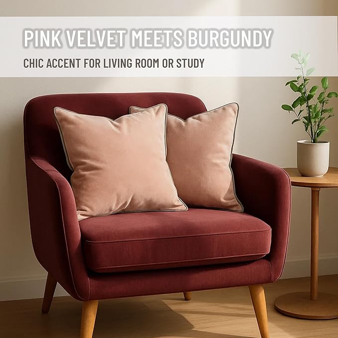 2 Pack Velvet Decorative Throw Pillow Covers, 20"x20", Pink and Grey, Solid, Modern, Contrast Piping, Indoor Use, Bedroom & Living Room