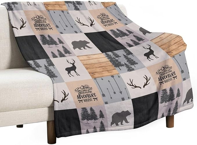 Rustic Cabin Throw Blanket, Retro Camping Bear Deer Farmhouse Wildlife Tree Forest Brown Gray Print Warm Flannel Blanket for Bedroom Camping Travel, 60"x80"