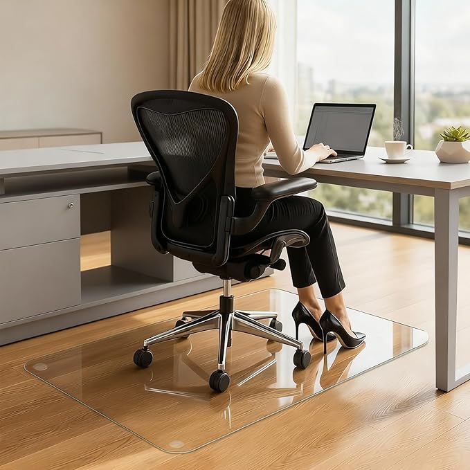 Tempered Glass Chair Mat, 48" x 31" Glass Office Chair Mat, 1/5" Thick Clear Floor Mat with Anti-Slip Pads, Heavy Duty Glass Mat for Carpeted and Hard Floor