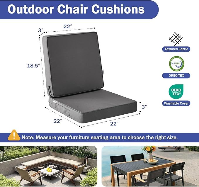 Outdoor Chair Cushions, Waterproof Patio Chair Cushions 22x22x3 Inch, Outdoor Cushions with Removable Cover for Sofa, Fade Resistant Patio Cushions for Outdoor Furniture, Dark Grey
