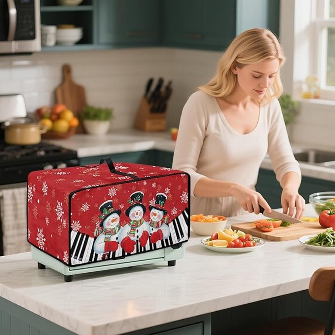 Christmas Air Fryer Toaster Oven Cover with Side Pockets, Holiday Festival Decor Electrical Appliance Cover Kitchen Countertop Accessories and Decor, M, Snowman Piano Keys Snowflake Red