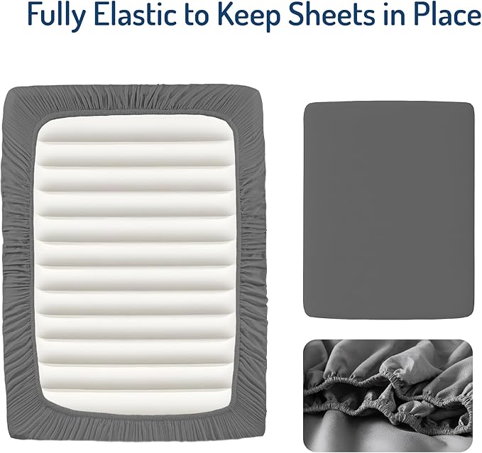 Degrees of Comfort King Sheet Set for Air Mattress – Extra Deep Pocket Fitted Sheet up to 22”, 4-Piece Bedding Sets with Dual Side Storage Pockets, Soft Breathable, Wrinkle-Resistant, Grey